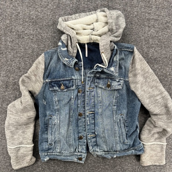 Free People Hooded Denim Jacket Blue Distressed Mixed Media Knit Sleeves Large - Picture 2 of 10